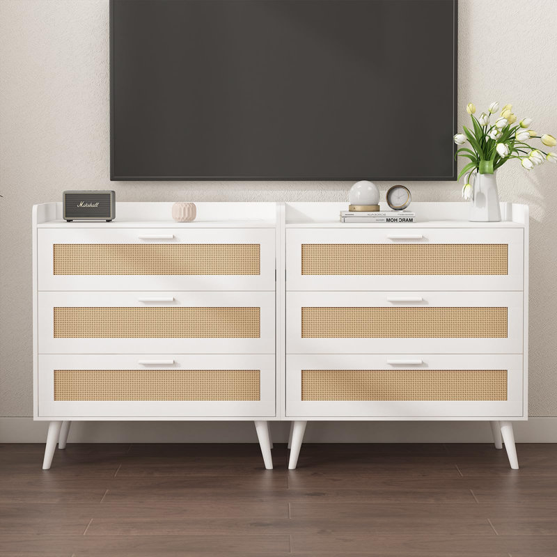 White and Rattan 3-Drawer Chest with Power Outlets