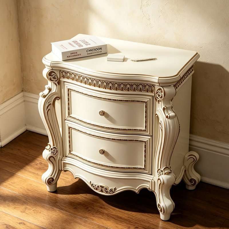 Table de chevet en bois sculpté avec 2 tiroirs