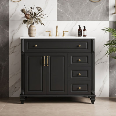 Meuble-lavabo avec poignées dorées et tiroir à charnière, 3 tiroirs et tablette