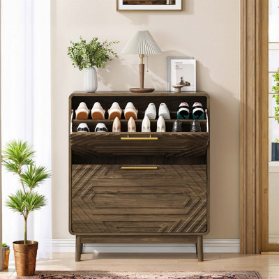 Mid-Century Modern Freestanding Shoe Cabinet With 2 Flip-Top Drawers, Large Storage And Elegant Design For Entryways