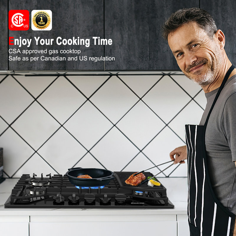 30 In Recessed Gas Cooktop in Stainless Steel with Griddle and 5 Burners, Black