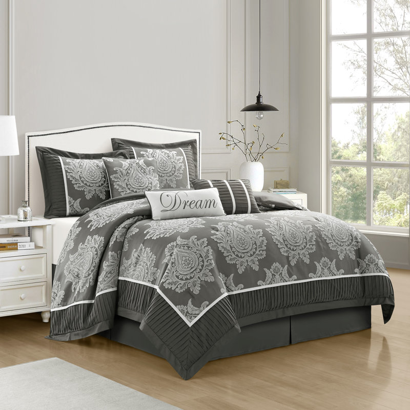Therese 7 Piece Traditional Damask Comforter Set, King Comforter + 6 Additional Pieces, Gray