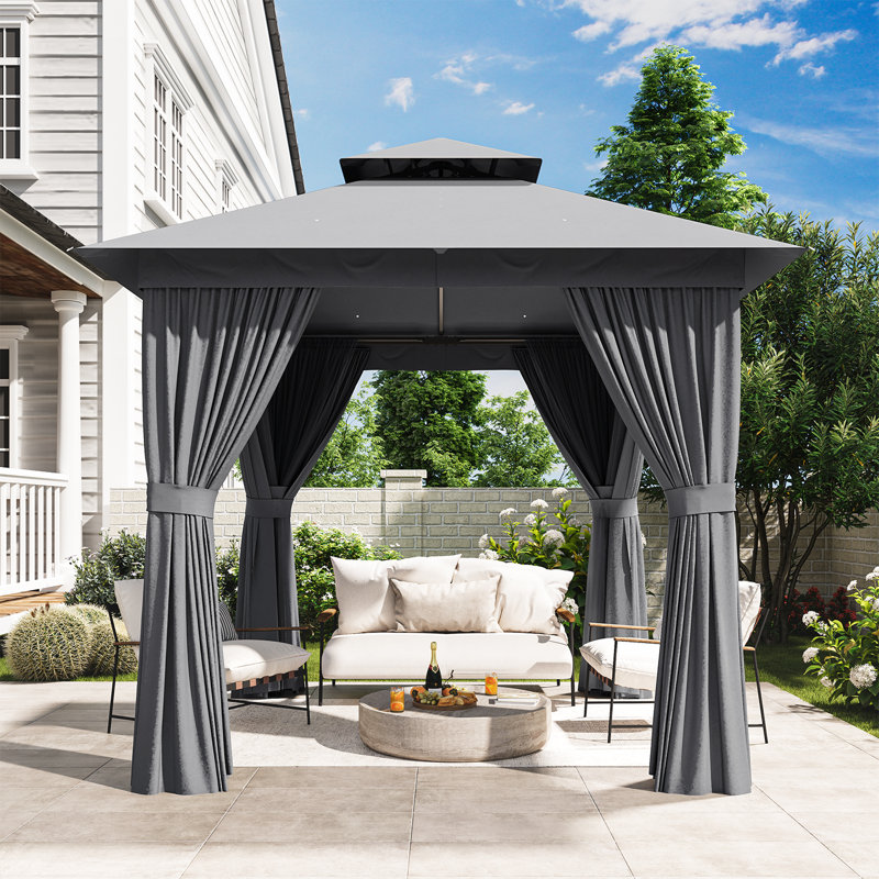 Pavillon de jardin extérieur avec double toit, auvent spacieux avec filet et rideaux, pour patio, pelouse et cour arrière