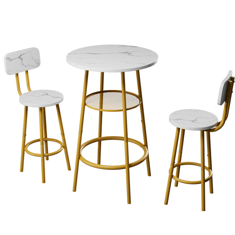 Table et chaises de salle à manger 3 pièces, surface solide, structure en acier pour la durabilité, chaises imperméables, cuisine idéale, ustensiles de bar brun avec 2 tabourets, housse en grain de bois, petite hauteur de comptoir