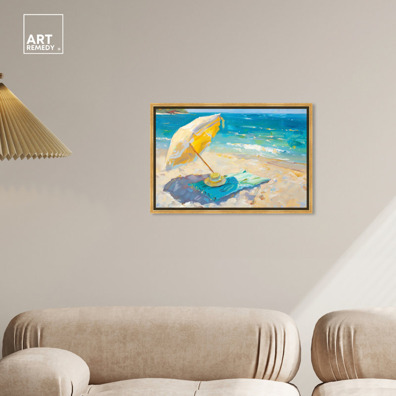 Morning Beach View Colorful Coastal Canvas Wall Art with Gold Frame