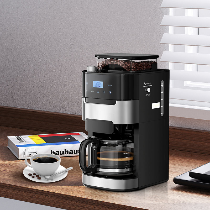 Electactic 10-Cup Coffee Maker - Built-In Grinder, 1.5L Reservoir, 12H Timer, 2H Keep Warm