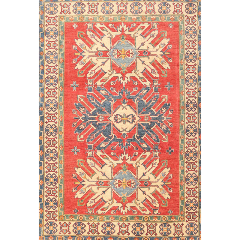 Tapis traditionnel rouge / bleu / beige, Rectangle 5 pi x 7 pi