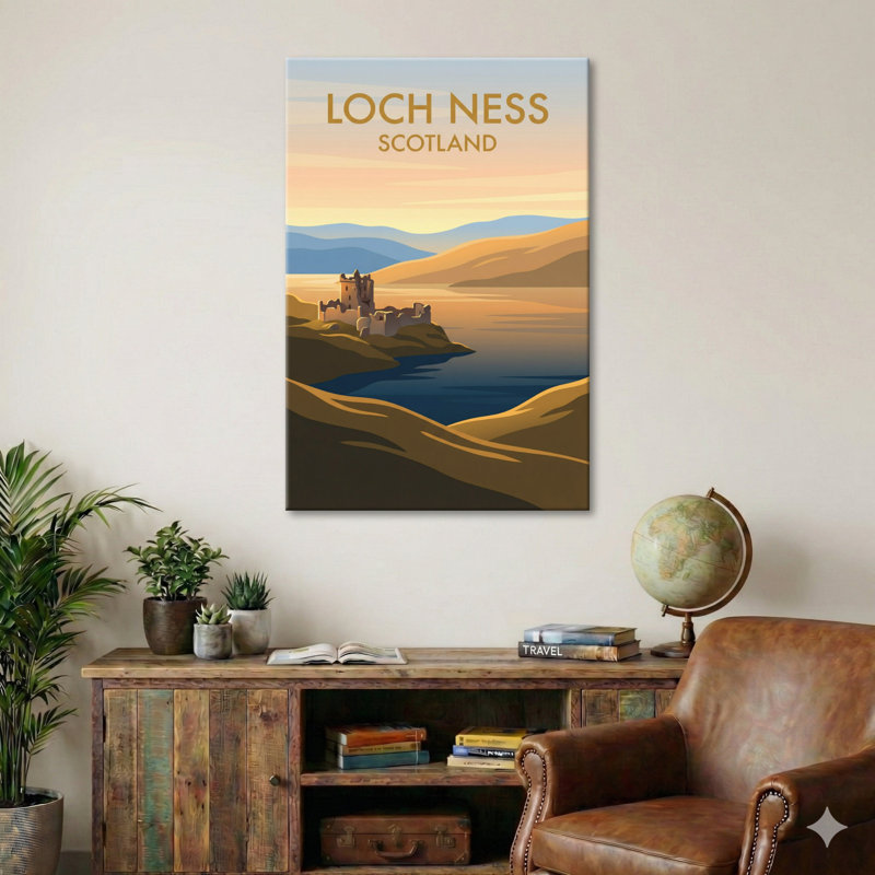 Loch Ness, Scotland - Romantic Highlands Travel Poster Featuring Urquhart Castle At Sunset. Giclee Print On Wrapped Canvas. Wall Art, Home Decor - Natural Landmarks, Scotland - Wrapped Canvas Print