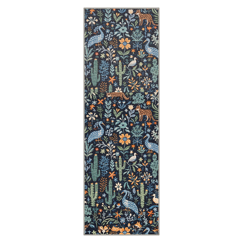 Tavaris Midnight Forest Folk Art Animals & Botanical Kids Area Rug, Machine Washable, Inspired Faux Wool - High-Rebound Foam & Non-Slip Backing
