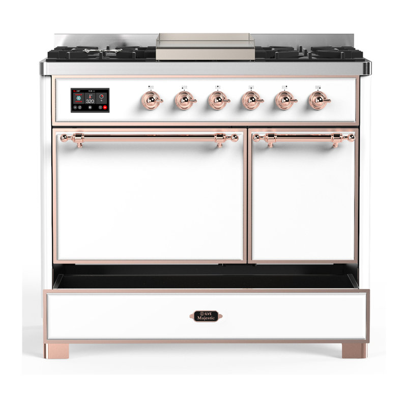 Majestic III Series 40 Inch Dual Fuel Range with 6 Sealed Burners, Griddle, in White (Natural Gas, Copper Trim), Natural Gas
