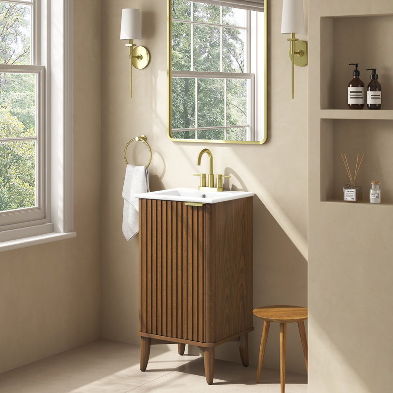 Meuble-lavabo autoportant de 18 po Gabi en noyer chaud, plateau en pierre d'ingénierie blanche, quincaillerie or brossé