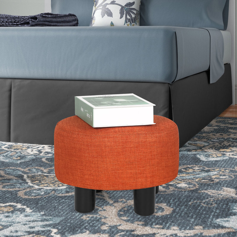 12.4" Round Upholstered Accent Ottoman Footstool, Orange Linen