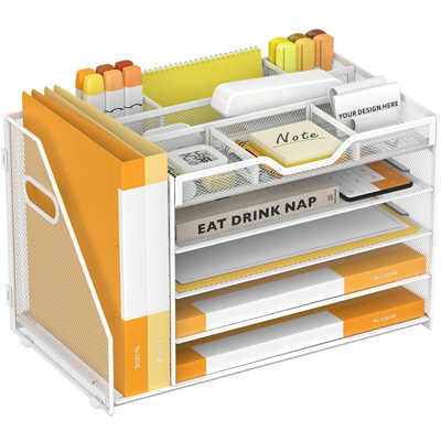 Organisateur de bureau avec porte-stylos, comprend 3 porte-stylos et 4 cloisons amovibles. Rangement de bureau en filet polyvalent à 5 niveaux (blanc)