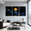 Méduse dorée, vagues bleues, étoiles scintillantes, fond noir, ensemble de 3 impressions sur toile-1205327333