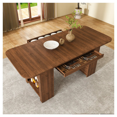 Table de salle à manger 70,87 po de style Mid-Century avec tiroirs et rangement ouvert, finition en bois aggloméré noyer, sièges 4-6