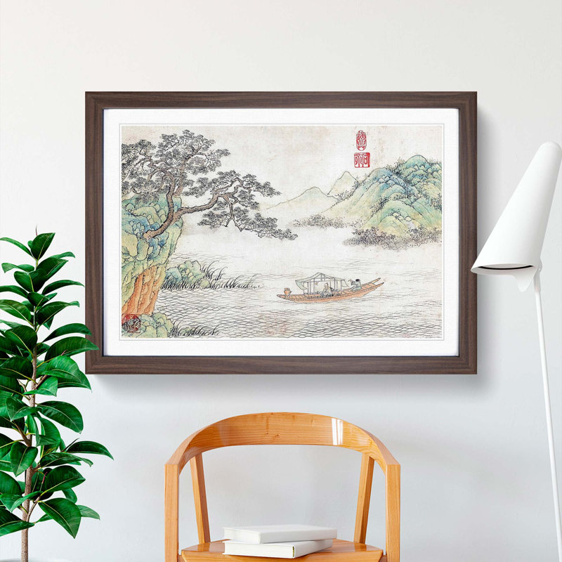 Passing Boat by Shen Hengji - Picture Frame Painting Print, 27cm H x 36cm W x 2cm D, Walnut Framed