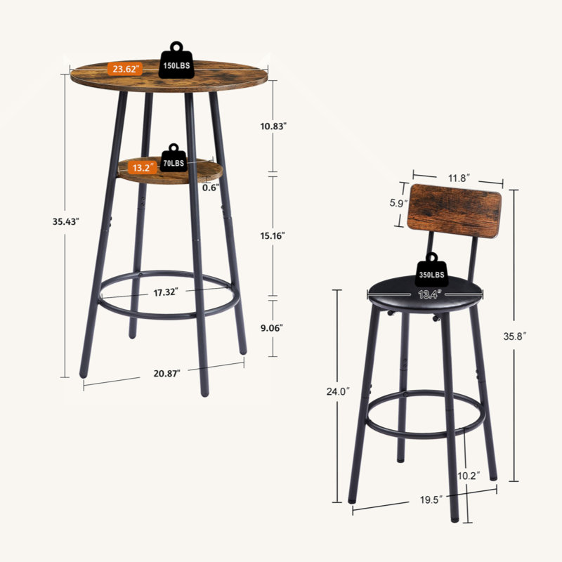 Round bar stool set with shelf, upholstered stool with backrest, Black, Brown