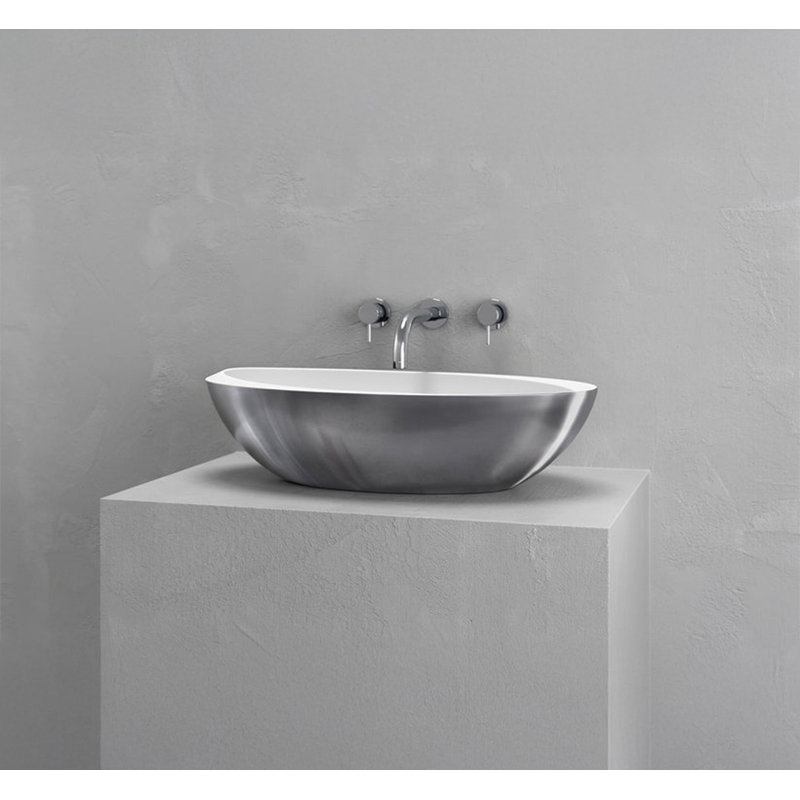 Vast Studio 24” L x 13.8” W Aged Silver/White  Vessel Sink – Oval Countertop Basin with Smooth White Interior, Metallic Luxury Finish & Modern Spa-Inspired Sculpted Design