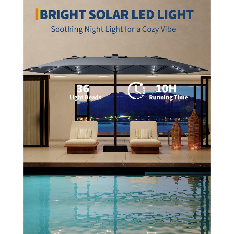 Grand parasol de terrasse extérieur à double face de 15 pi avec lumières solaires 36 lumières DEL et base croisée incluses pour terrasse près de la piscine - gris