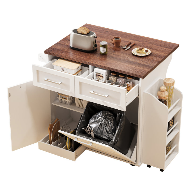 47.2-Inch Rolling Kitchen Island With Drop Leaf, 9 Smooth Rotation Wheels, And Removable Side - Design, Adjustable Shelf, Pot Organizer White Two Drawers, 3 , Trash Can Cabinet