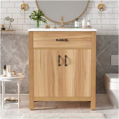 Meuble-lavabo de 30 po en bois avec cadre en bois, 2 portes à fermeture douce, 1 tiroir rabattable, tablette réglable, armoire de rangement moderne