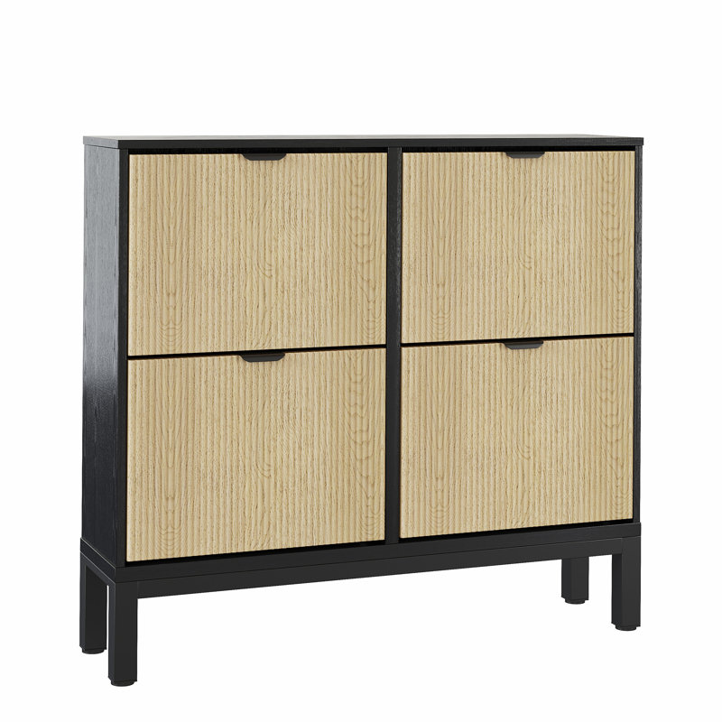 Fluted Shoe Cabinet with 4 Flip Drawers, Modern Narrow Shoe Storage Cabinet for Entryway, Freestanding Hidden Shoe Rack, Farmhouse Shoe Organizer for Front Door, Black+Oak