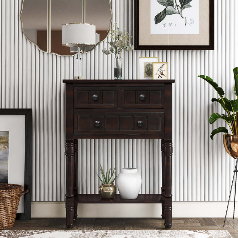 Barbe Narrow Console Table, Slim Sofa Table Sideboards Buffets with Three Storage Drawers and Bottom Shelf, Espresso