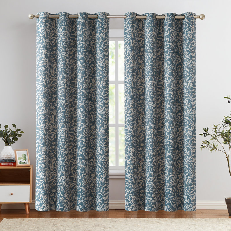Coralia Polyester Room Darkening Curtain Pair, Scroll Blue, 50" W x 84" L