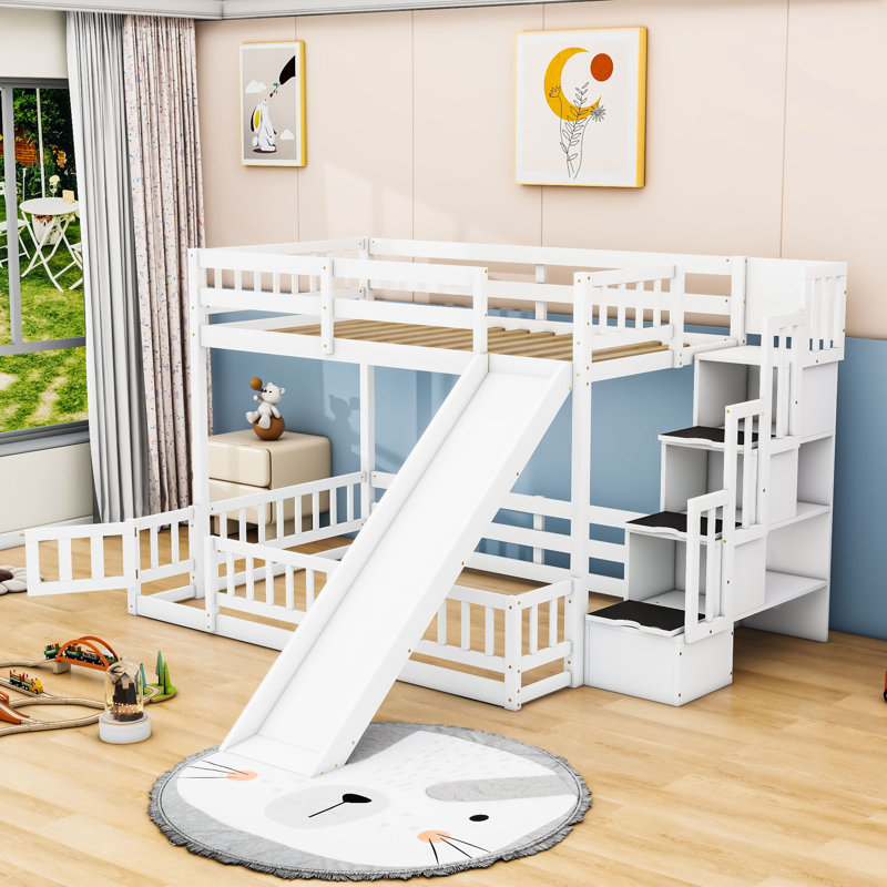 Lit superposé simple au-dessus de double avec glissade, escalier de rangement et rails de sécurité Kalief, Blanc