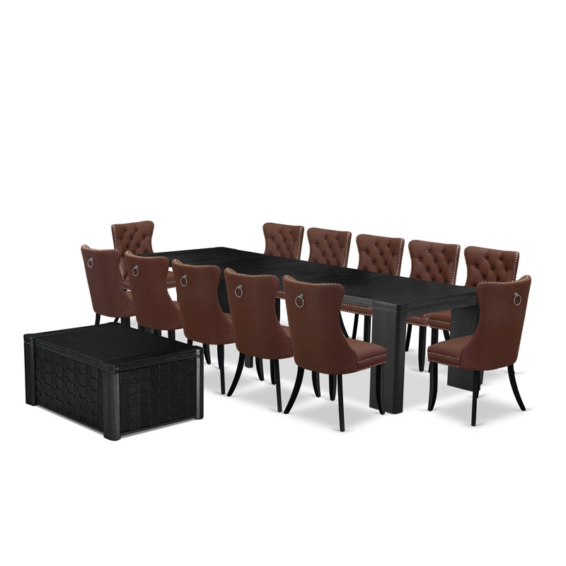 Ensemble de table de salle à manger 14 pièces comprenant une table de cuisine rectangulaire avec une table basse et 12 chaises de salle à manger en polyester bourgogne, finition noire brossée.