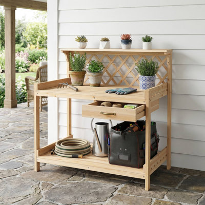 Heavy-Duty 330LBS Load Capacity Weather-Resistant Natural Solid Fir Wood Garden Potting Bench Table, Multi-Functional Gardening Planting Workstation With Climbing Lattice Trellis