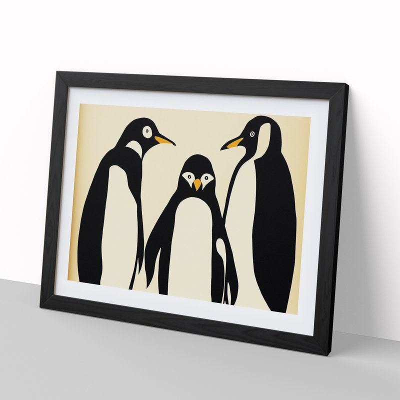 Three Penguins Abstract - Single Picture Frame Print, 25cm H x 34cm W x 2cm D, Black Framed