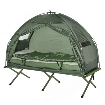 Outsunny Multifunctional Folding Camping Cots For Adults, Elevated Tent With Sleeping Bag, Thick Air Mattress Pad, Portable Single Sleeping Cot Camping Bed
