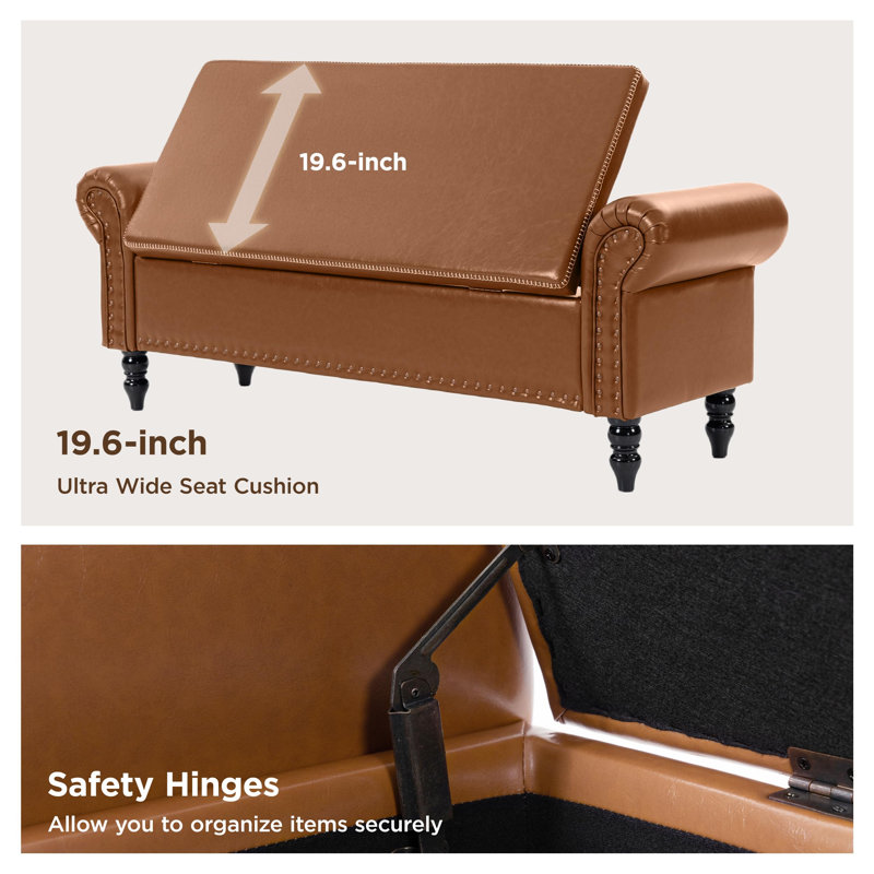 Bancs de rangement 64 po, banc de bout avec rangement, grand repose-pieds rembourré avec capitonnage, Brun rouge