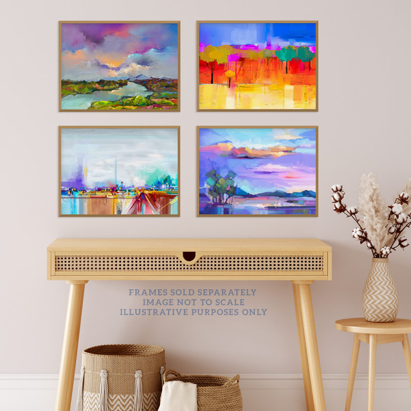 Bright Multicoloured Coastal Landscape Abstract - 4 Piece No Frame Print Set, 29.7cm H x 21cm W x 0.4cm D