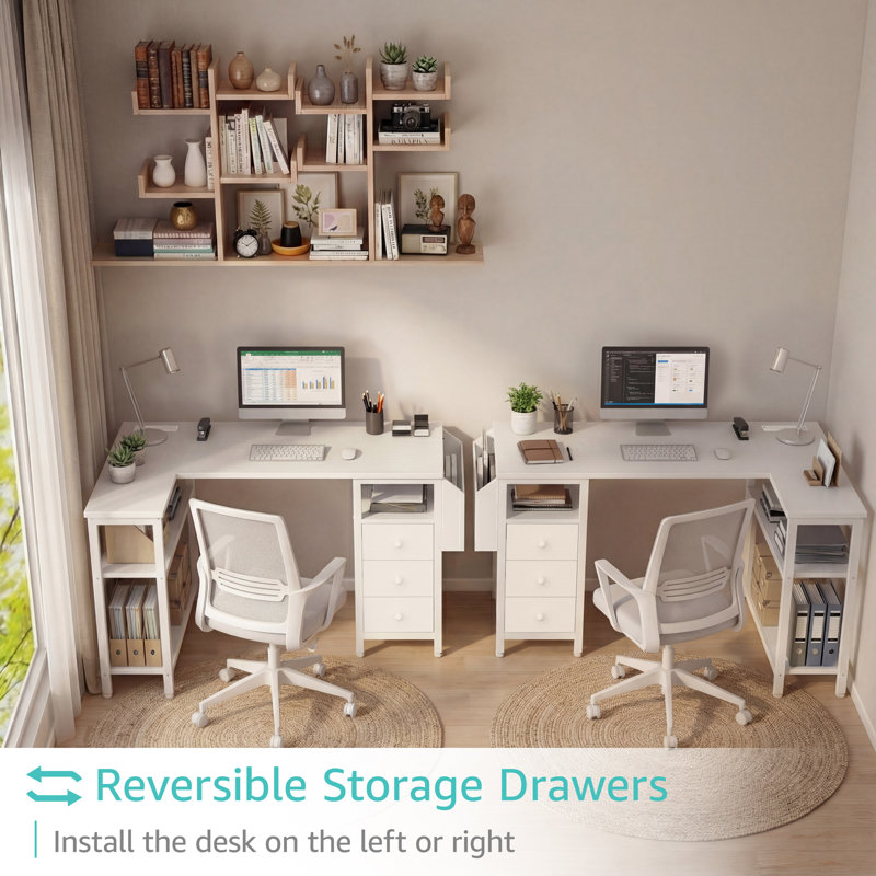 47" Built-in Outlets L-Shaped Computer Desk with Drawers & Storage Shelves, White