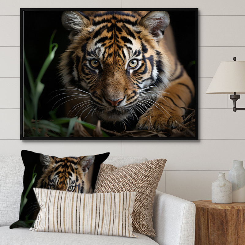 Portrait de tigre brun - art mural tigre, H 12 po x l 20 po x P 1 po, Cadre flottant noir
