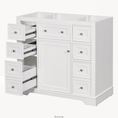36" Freestanding Bathroom Vanity Cabinet Base Only, Solid Wood & MDF Cabinet with 1 Cabinet Compartment & 6 Drawers, White