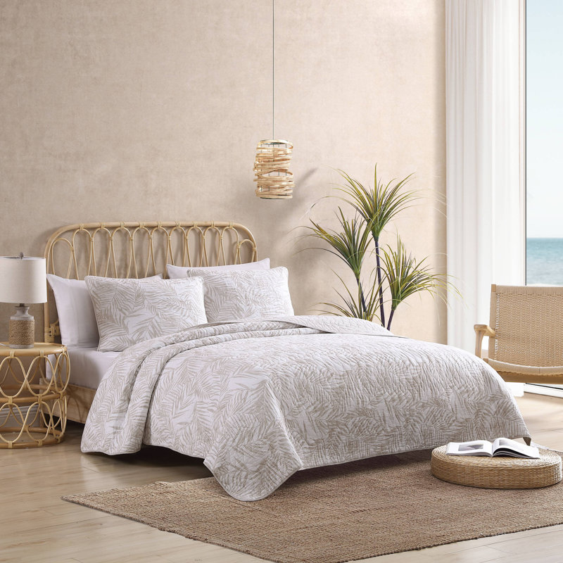 Beige Cotton Reversible Full Quilt Set with Fern Design