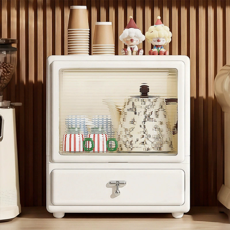 White plastic storage cabinet with drawer-lid style dust-proof display cup holder, suitable for kitchen countertops and dressing tables