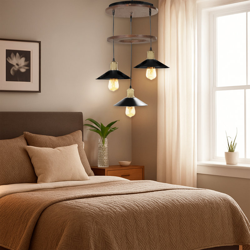 Luminaire suspendu 3 lumières 2 niveaux, Noyer