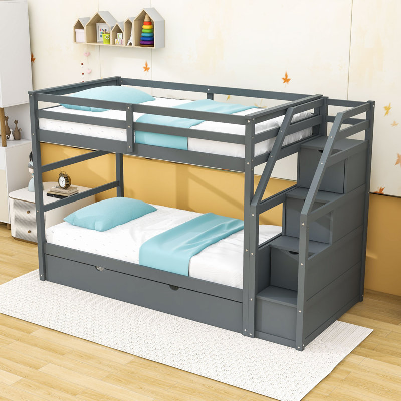 Twin Over Twin Wood Bunk Bed With Twin Trundle, Storage Staircase And Guardrails, Gray