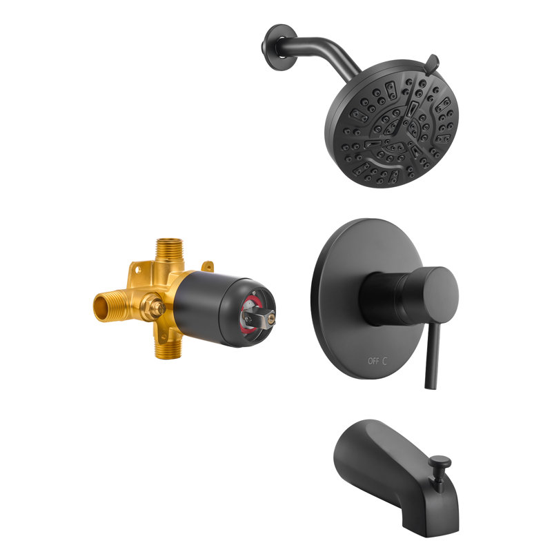 Tub and Shower Faucet Set, Complete with 5-Inch Rainfall Shower Head and Bathtub Spout, 8-Setting Adjustable Spray, Single-Handle Tub Trim Kit with Brass Pressure Balancing Valve, Matte Black