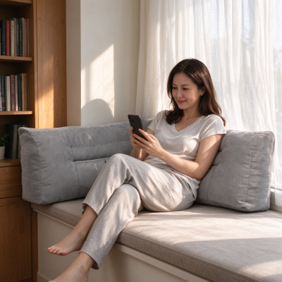 35 inch L-shaped reading pillow with 3-zone support and chenille cover, wedge backrest pillow for bed sofa