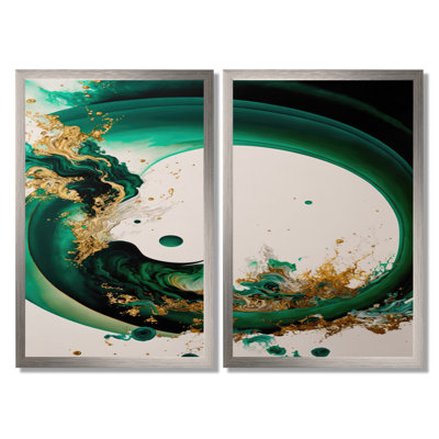 «Emerald Green and Gold Abstract Waves - Abstract Spirals Wall Art, Green Abstract, reproduction sur toile», 2 pièces