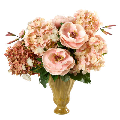 Fall Hydrangea, Peonies and Ranunculus in Ceramic Urn
