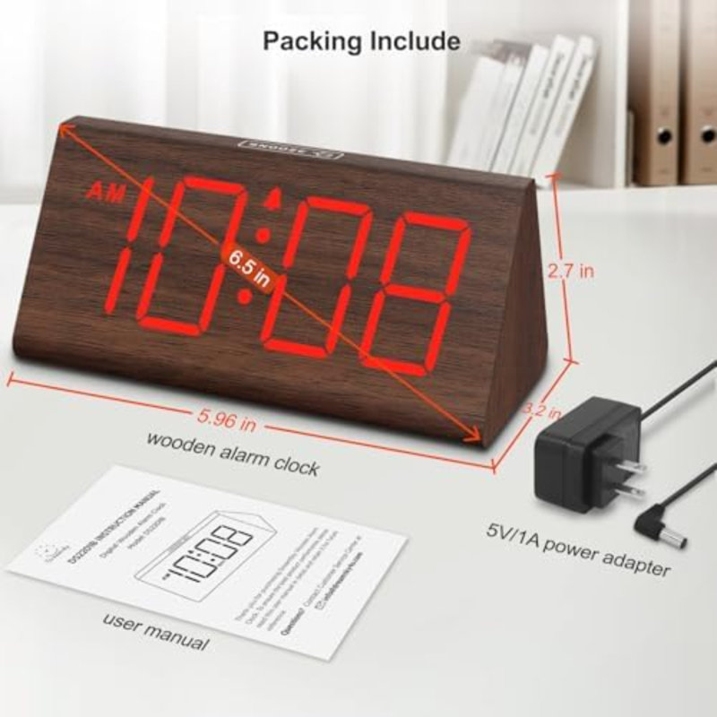 Réveil numérique en bois pour chambre ou bureau avec gros chiffres, Bois brun / rouge