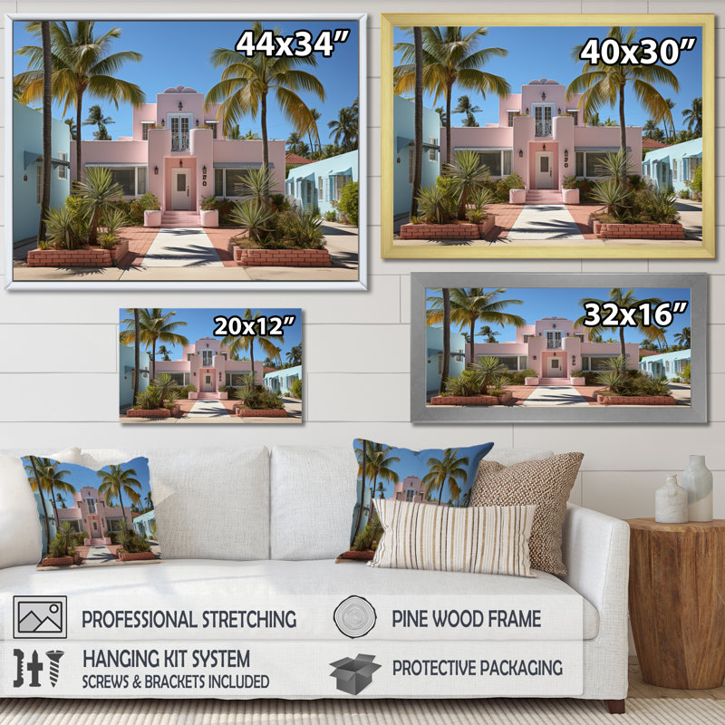Miami Pink House IV, reproduction d'art sur toile, H 12 po x l 20 po x P 1 po, Cadre flottant noir