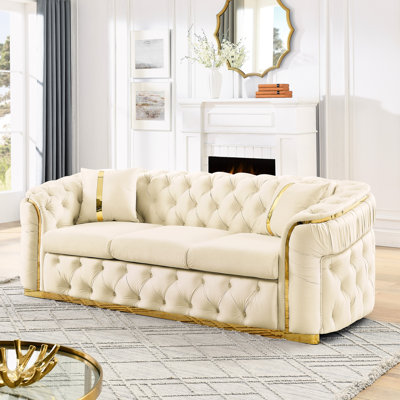 Canapé 3 places en velours, 90,6 pouces beige avec 2 coussins décoratifs en acier inoxydable doré, salon luxueux, 3 places moderne