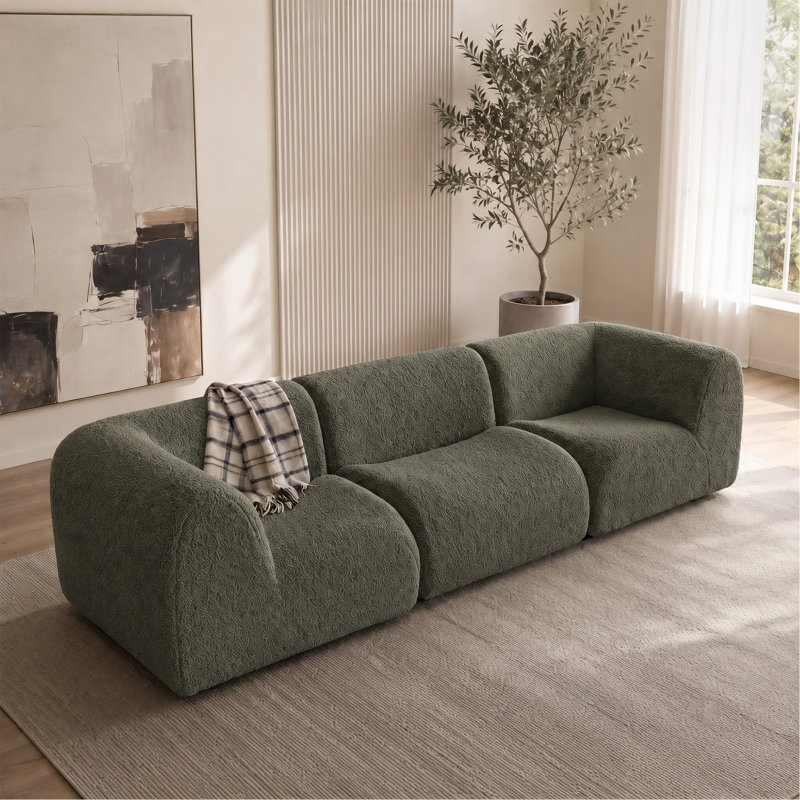 Canapé modulaire incurvé à 3 places de 110,24 po de hauteur, avec selle bouclée moderne Sherpa, Teddy - vert